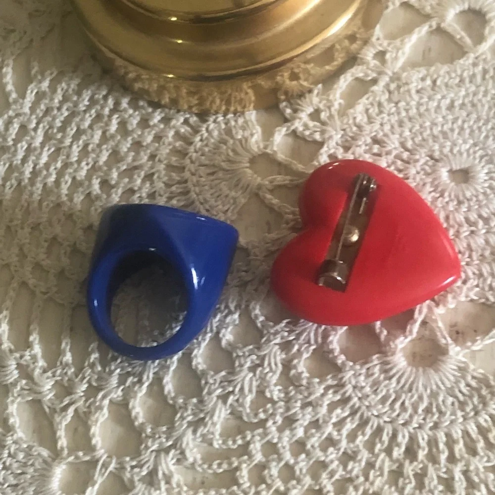 Vintage Lucite Blue Heart Ring & Red Heart Brooch
